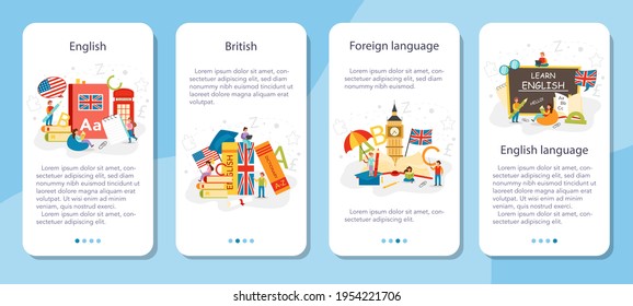 English class mobile application banner set. Study foreign languages in school