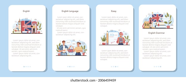 English class mobile application banner set. Study foreign languages in school or university. Idea of global communication. Studying foreign vocabulary and grammar. Flat vector illustration