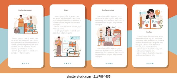 English class mobile application banner set. Study foreign languages in school or university. Idea of global communication. Studying foreign vocabulary and grammar. Flat vector illustration