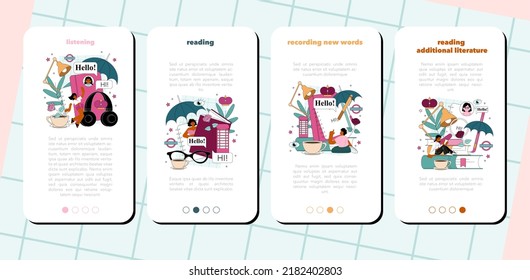 English class mobile application banner set. Study foreign languages in school or university. Idea of global communication. Studying foreign vocabulary and grammar. Flat vector illustration