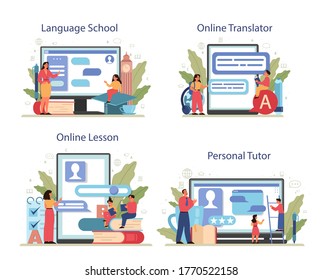 English class online service or platform set. Study foreign languages in school or university. Idea of global communication. Online school, personal tutor,lesson, translator. Flat vector illustration