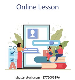 English class online service or platform. Study foreign languages in school or university. Idea of global communication. Online lesson. Flat vector illustration