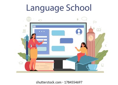 English class online service or platform. Study foreign languages in school or university. Idea of global communication. Online school. Flat vector illustration