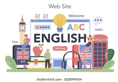 English class online service or platform. Study foreign languages in school. Grammar or audio lesson. Foreign vocabulary. Website. Vector illustration