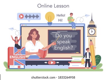 English class online service or platform. Study foreign languages in school. Grammar or audio lesson. Foreign vocabulary. Online lesson. Vector illustration