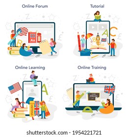 English class online service or platform set. Study foreign languages