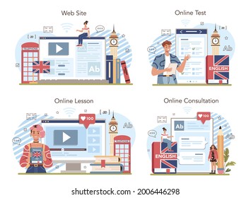 English class online service or platform set. Study foreign languages in school. Studying foreign vocabulary and grammar. Online lesson, test, consultation, website. Flat vector illustration
