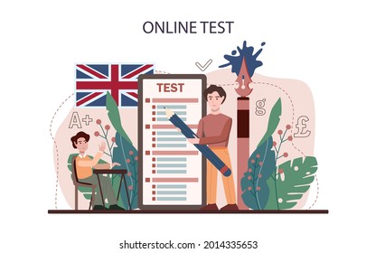 English class online service or platform. Study foreign languages in school. Grammar or audio lesson. Idea of global communication. Online test. Flat vector illustration