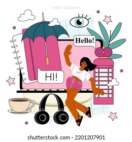 English class online service or platform. Study foreign languages in school or university. Idea of global communication. Online education. Flat vector illustration