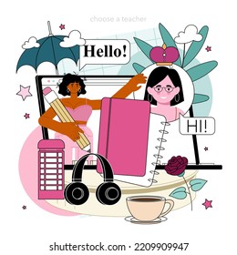 English class online service or platform. Study foreign languages in school or university. Idea of global communication. Online education. Flat vector illustration