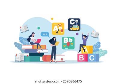 English class scene with miniature people. Education vector illustration.