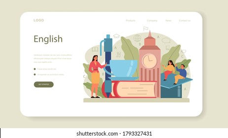 English class web banner or landing page. Study foreign languages in school or university. Idea of global communication. Studying foreign vocabulary. Flat vector illustration