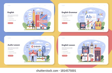 English class web banner or landing page set. Study foreign languages in school. Grammar or audio lesson. Idea of global communication. Studying foreign vocabulary. Flat vector illustration