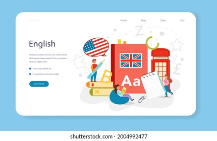 Banner web o página de inicio de clase inglesa. Estudiar idiomas extranjeros en la escuela o universidad. Idea de comunicación global. Estudiando vocabulario extranjero. Ilustración vectorial plana