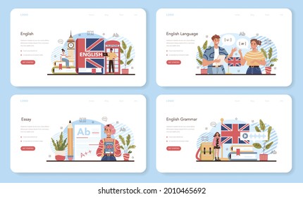 English class web banner or landing page set. Study foreign languages in school or university. Idea of global communication. Studying foreign vocabulary and grammar. Flat vector illustration