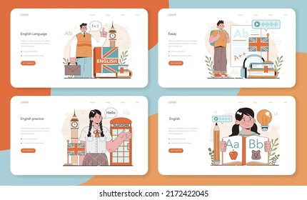 English class web banner or landing page set. Study foreign languages in school or university. Idea of global communication. Studying foreign vocabulary and grammar. Flat vector illustration