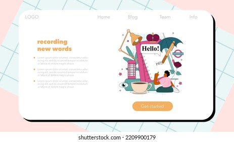 English class web banner or landing page. Study foreign languages in school or university. Idea of global communication. Studying foreign vocabulary and grammar. Flat vector illustration