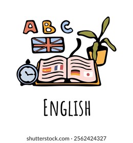 English classes for college, university or school. Vector flat cartoon icons for students curriculum. Isolated book and abc, foreign language learning. Linguistics or philology studies education