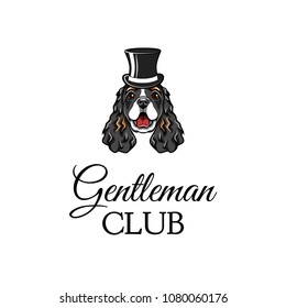 English Cocker Spaniel gentleman. Top hat icon. Gentleman club inscription. Vector illustration