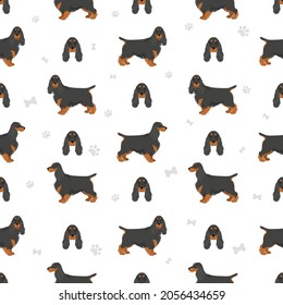 English cocker spaniel seamless pattern. Different poses, coat colors set.  Vector illustration