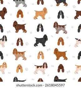 English cocker spaniel show type clipart and seamless pattern. Different poses, coat colors set.  Vector illustration