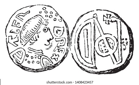 English Coin where the pennies of the Saxon and Danish sole monarches of England had a portrait on them, vintage line drawing or engraving illustration.