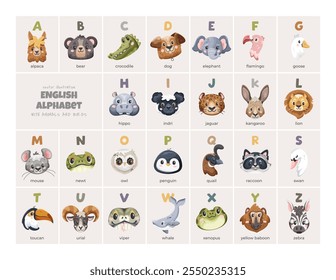 English colorful alphabet with animals in card format