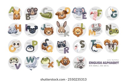 English colorful alphabet with cute animals in round shapes