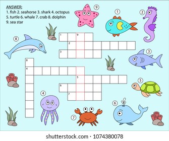 English colorful crossword, education game for children. Sea animals. Dolphin, sea star, fish, seahorse, shark, turtle, whale, crab, octopus.