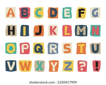 English colorful cutout alphabet in retro style