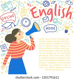 English concept of learning language. Young woman shouts in a megaphone. Space for text. Isolated vector on white background, hand  drawn doodle style