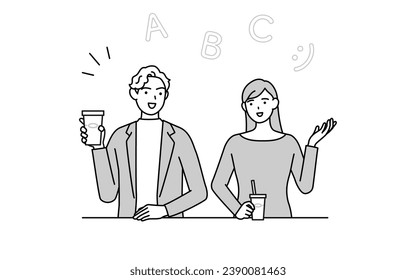English conversation, Japanese woman speaking English with a white man at a cafe, Vector Illustration