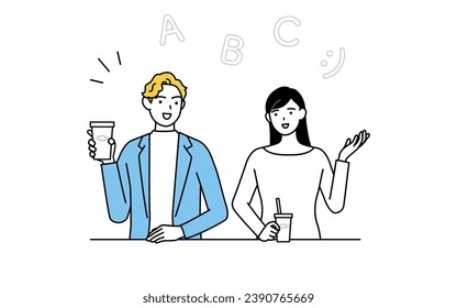 Conversación en inglés, mujer japonesa hablando inglés con un hombre blanco en un café, Ilustración vectorial