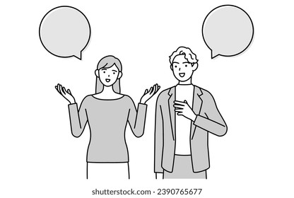English conversation, Japanese woman speaking English with a white man, with speech balloon, Vector Illustration