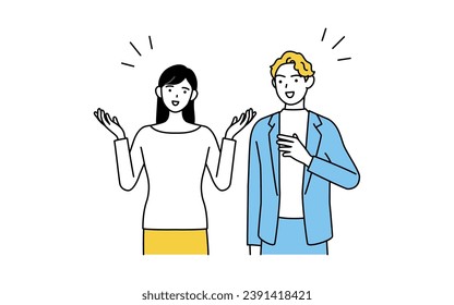 English conversation, Japanese woman speaking English with a white man, Vector Illustration