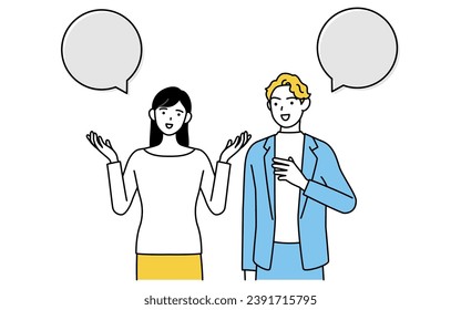 Conversación en inglés, mujer japonesa hablando inglés con un hombre blanco, con globo de voz, Ilustración vectorial