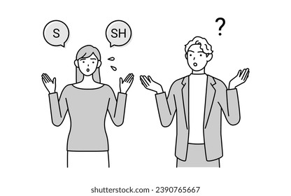 English Conversation, Japanese Woman Struggles with English Pronunciation of "l" and "r" for Caucasian Men, Vector Illustration