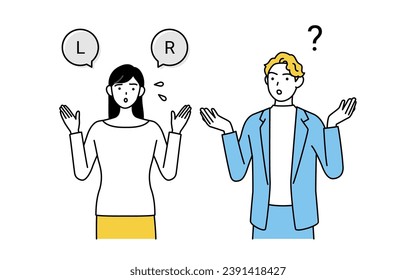 English Conversation, Japanese Woman Struggles with English Pronunciation of "l" and "r" for Caucasian Men, Vector Illustration