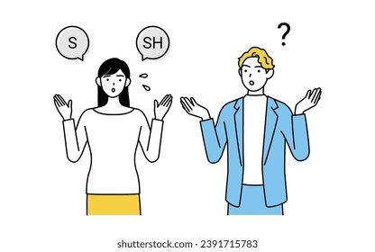 English Conversation, Japanese Woman Struggles with English Pronunciation of "l" and "r" for Caucasian Men, Vector Illustration
