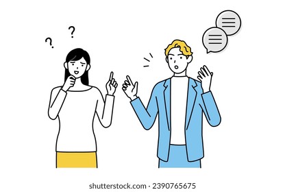 Conversación en inglés, mujer japonesa que no puede entender la pronunciación en inglés del hombre blanco, Ilustración vectorial