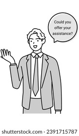 English conversation, man in suit of American descent making a job offer in English, Vector Illustration