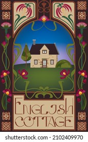 English cottage in Art Nouveau styled illustration. This art movement took different names on each country such as Arte nova in Portugal or Jugendstil in Germany. Suitable for Children's book cover