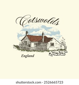 English Cottage Drawing Vector Graphic