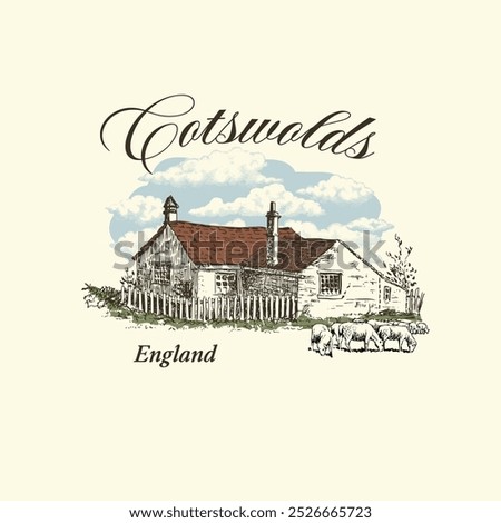 English Cottage Drawing Vector Graphic