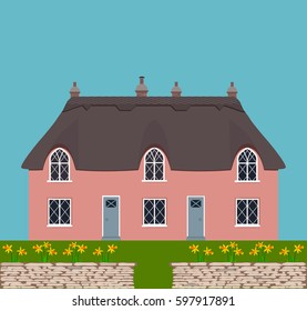 The English cottage in spring time with daffodils. Vector illustration