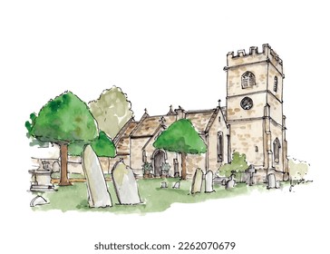 English country church illustration. Watercolor sketch stone rural scene. Vector.