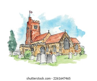 English country church, red brick, square tower, graveyard. Watercolor illustration sketch. Vector. St Andrews Rochford, Essex.