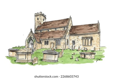 English country church, Swinbrook Oxfordshire, stone, grave yard, rural village. Watercolor sketch illustration. Isolated vector.