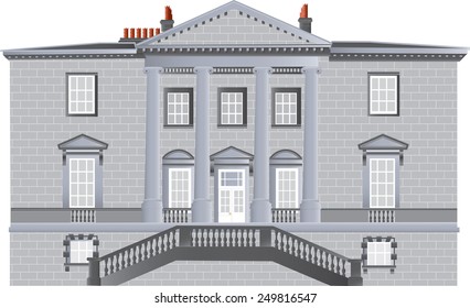 An English Country House built in the Palladian Style with ionic pillars an portico and an ornate staircase isolated on white