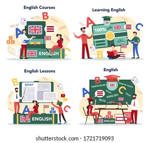 English course concept set. Study foreign languages in school or university. Idea of global communication. Studying foreign vocabulary. Flat vector illustration